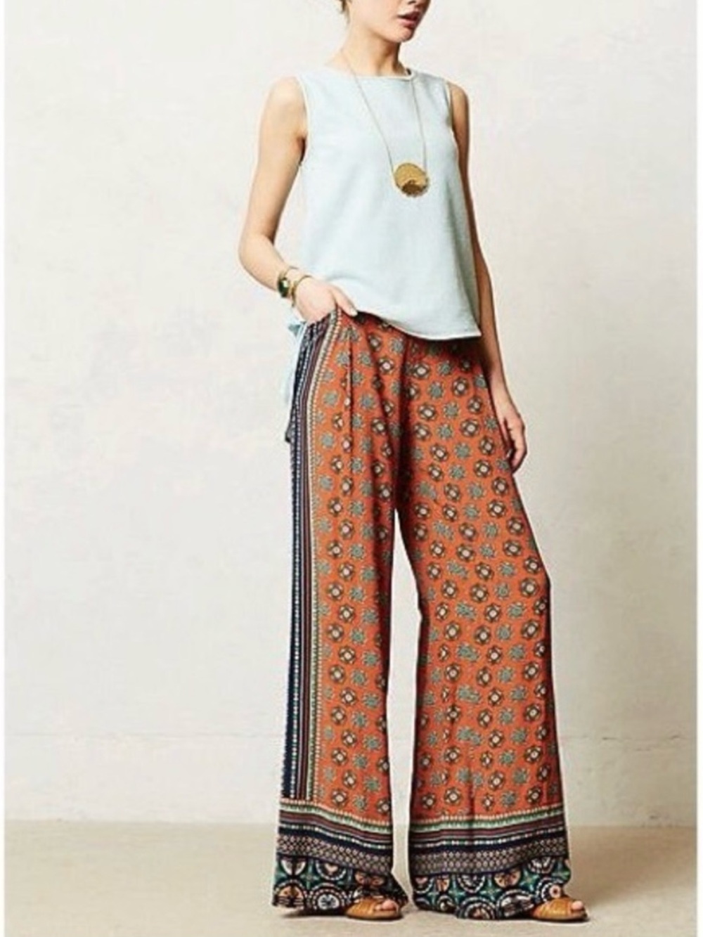 Elevenses Anthropologie Palazzo Pants Orange Blue Pattern Print Harem Boho 4